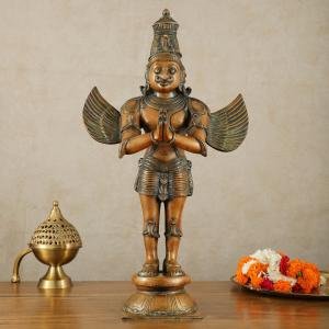 Brass Standing Garuda Dev with Vintage Bronze Finish | 22" x 13" x 7" (55.9 x 33 x 17.8 cm) | 11 kg Sacred Art | Divine Vehicle Murti